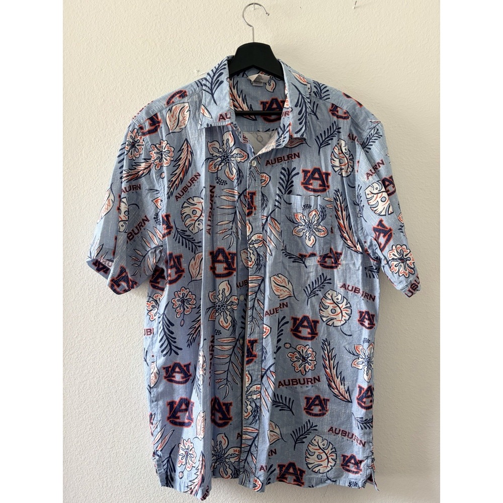 Wes and Willy Auburn Tigers Blue Floral Tropical Button-Up Camp Shirt Men's L
